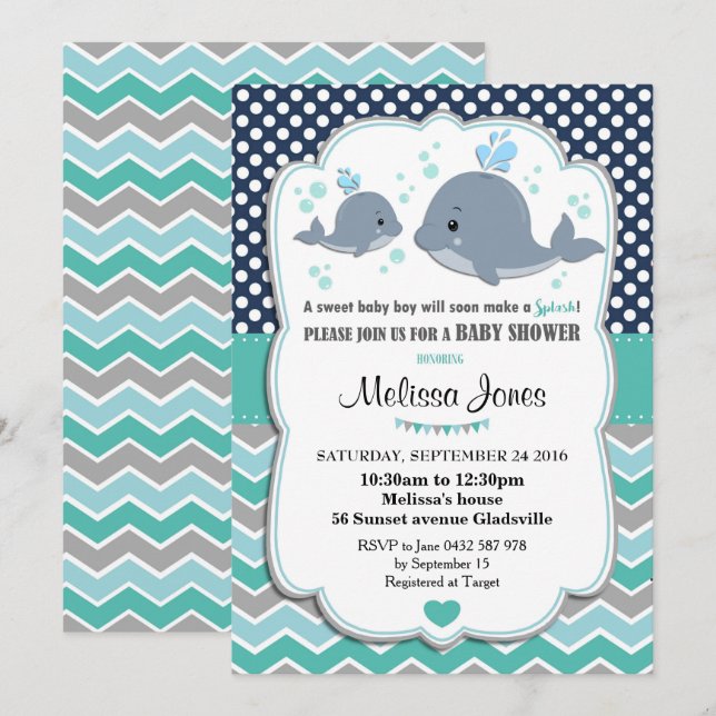 Whale Baby Shower Personalized Invitation Baby Boy (Front/Back)