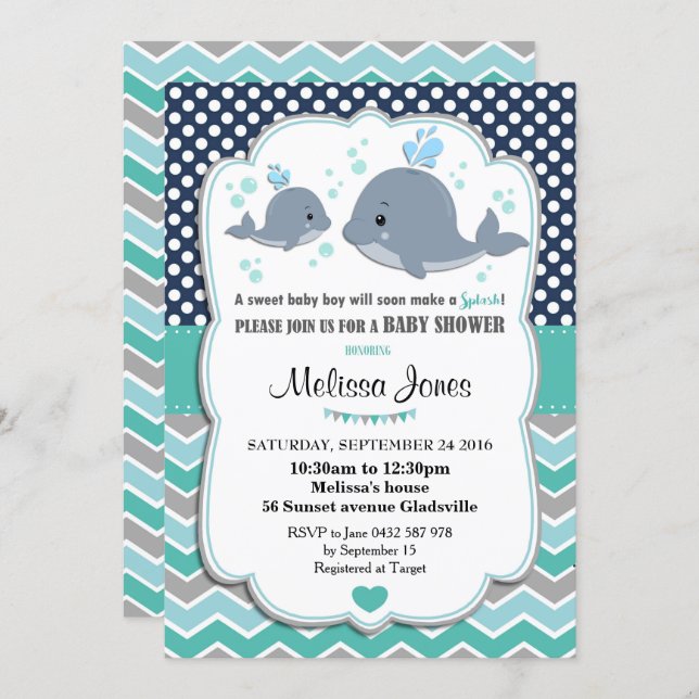 Whale Baby Shower Personalized Invitation Baby Boy (Front/Back)