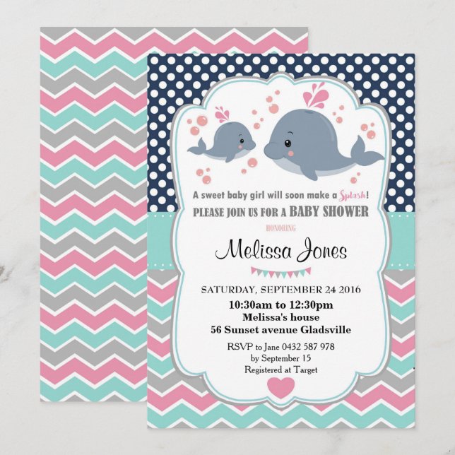 Whale Baby Shower Personalized Invitation Girl (Front/Back)