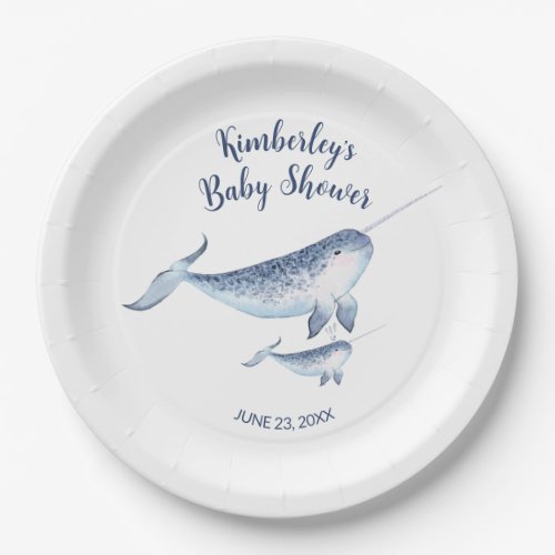 Whale Baby Shower Watercolor Blue Paper Plate