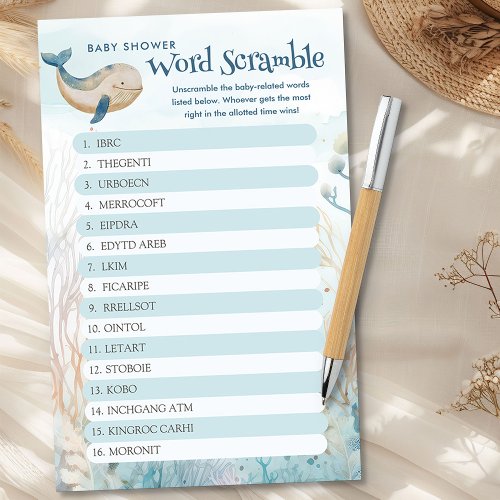 Whale Baby Shower Word Scramble Game