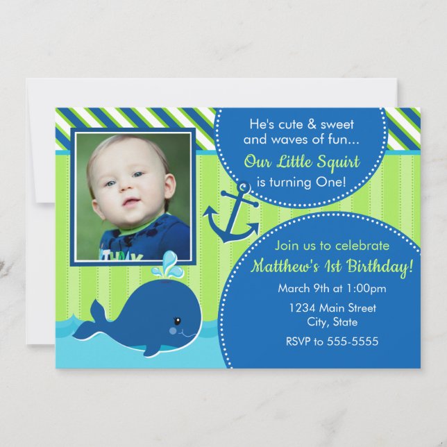 Whale Birthday Invitation 5x7 1st Birthday (Front)