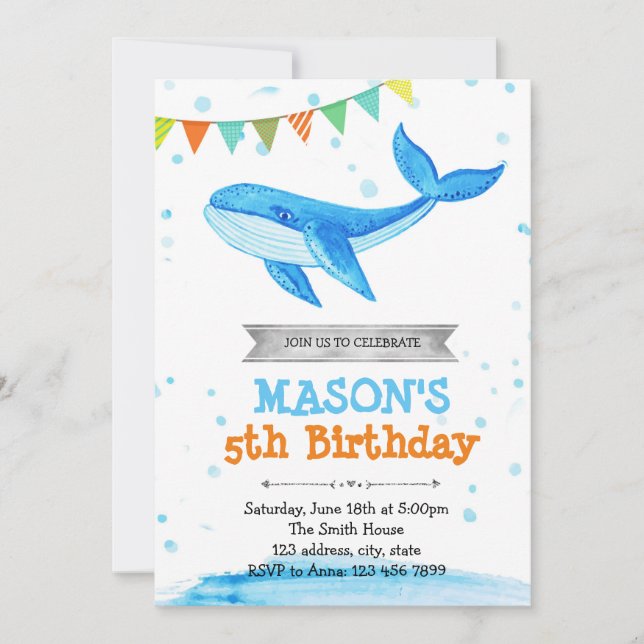 Whale birthday party invitation (Front)