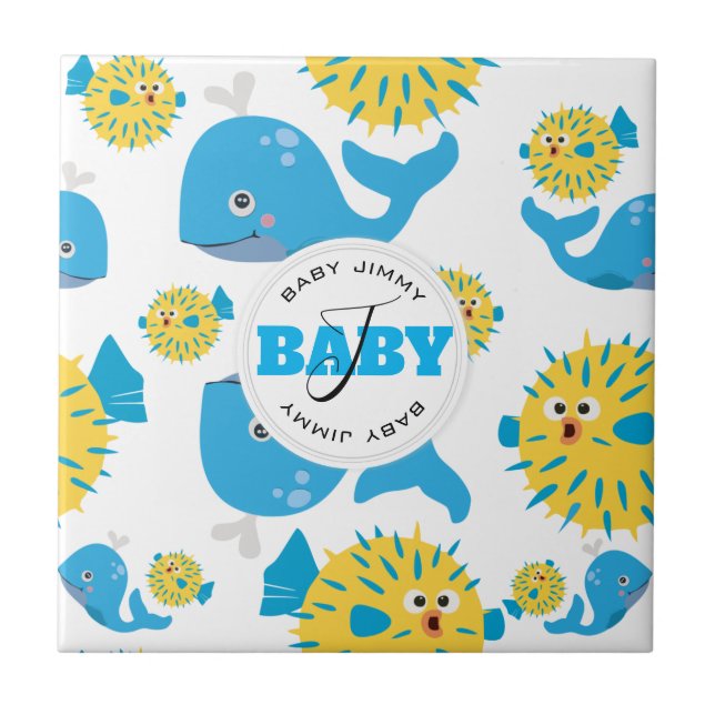Whale & Blowfish Cartoon Baby Monogram Pattern Ceramic Tile (Front)