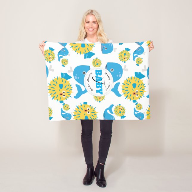 Whale & Blowfish Cartoon Baby Monogram Pattern Fleece Blanket (In Situ)