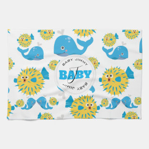 Whale & Blowfish Cartoon Baby Monogram Pattern Kitchen Towel