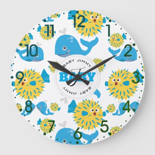 Whale  Blowfish Cartoon Baby Monogram Pattern Large Clock