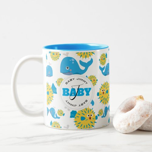 Whale  Blowfish Cartoon Baby Monogram Pattern Two_Tone Coffee Mug