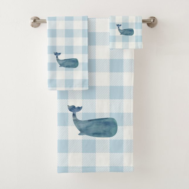Whale Blue Check Gingham Pattern Bath Towel Set (Insitu)