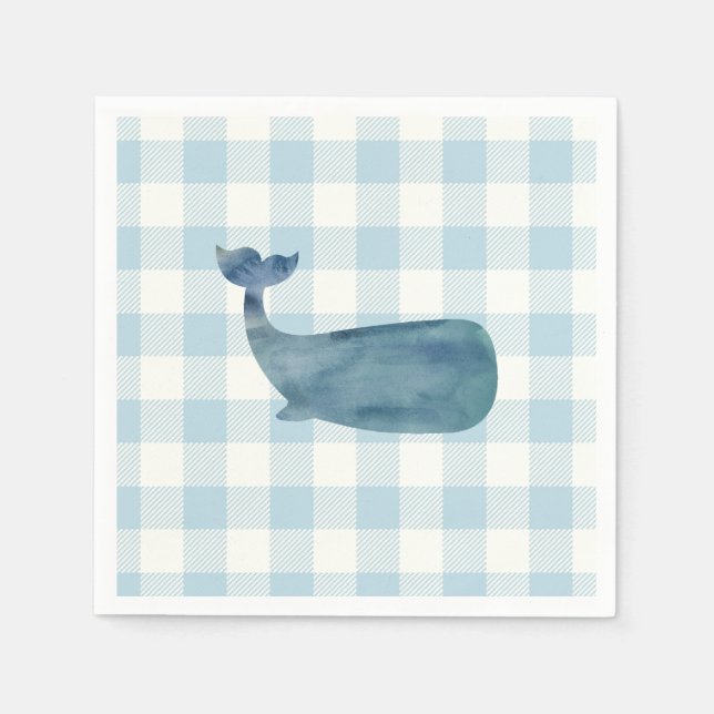 Whale Blue Gingham Baby Shower Napkins (Front)
