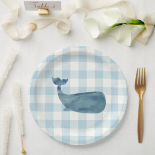 Whale Blue Gingham Baby Shower Paper Plates