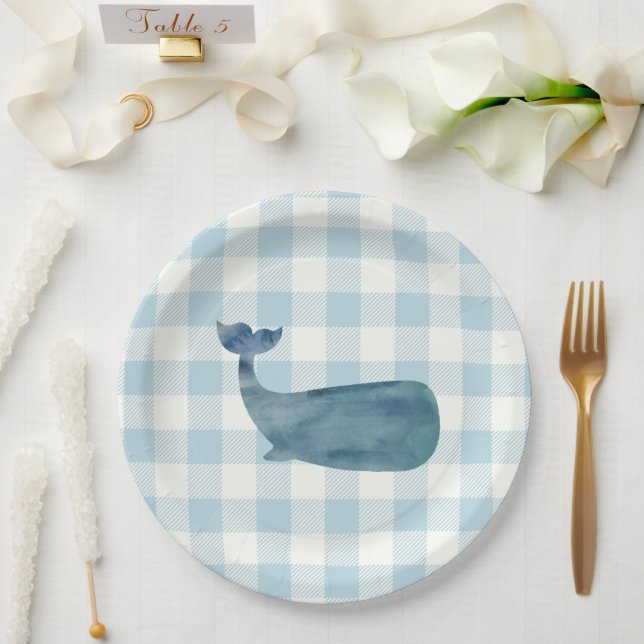 Whale Blue Gingham Baby Shower Paper Plates (Wedding)