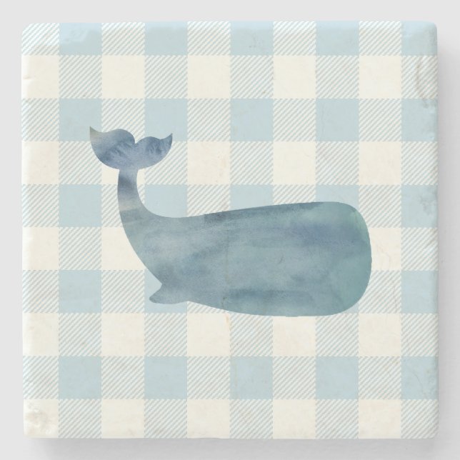 Whale Blue Gingham Check Coastal Stone Coaster (Front)