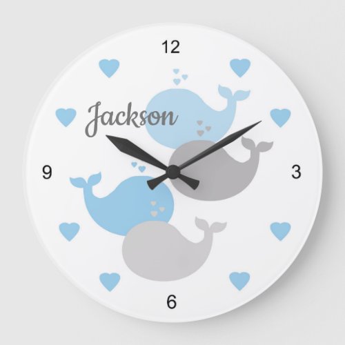 Whale Blue Gray Baby Boy Nursery Nautical Kids Large Clock