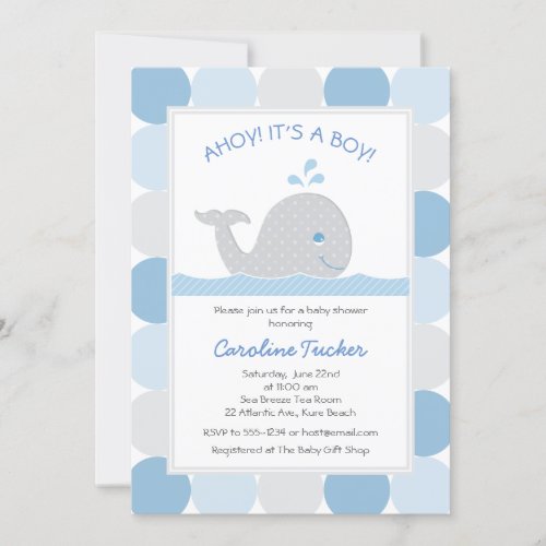 Whale Blue Gray Baby Boy Shower Invitation