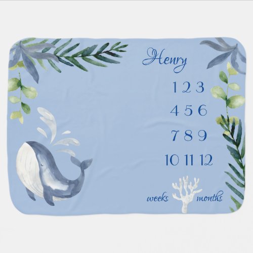Whale Blue Name Monthly Weekly Milestone Baby Baby Blanket