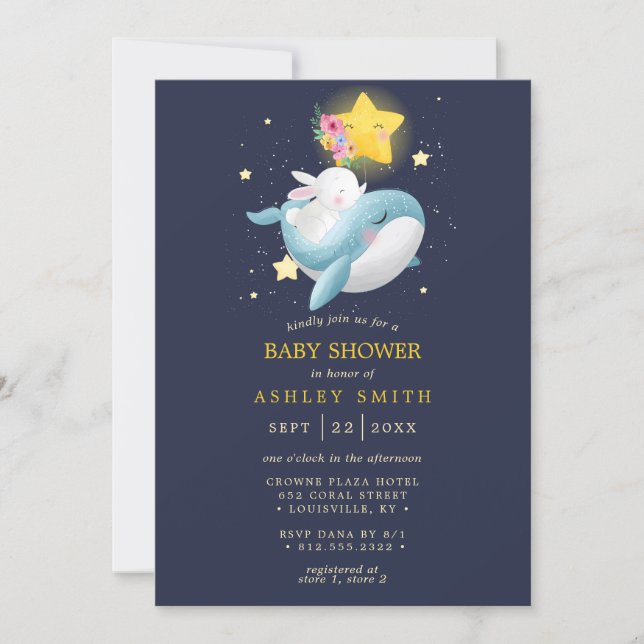Whale Bunny Navy Blue Stars Boy Baby Shower Invitation (Front)