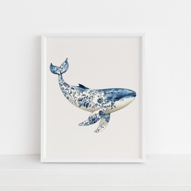 Whale – Coastal Blue on Beige Wall Art (Whale – Coastal Blue on Beige Wall Art in a white frame on the floor.)