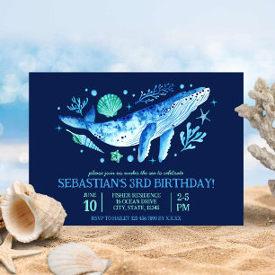 Whale, Coral & Sea Shells Under the Sea Blue Invitation