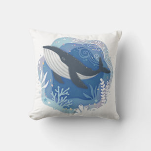 Whale & Corals in Ocean Paper Art Illustration Throw Pillow