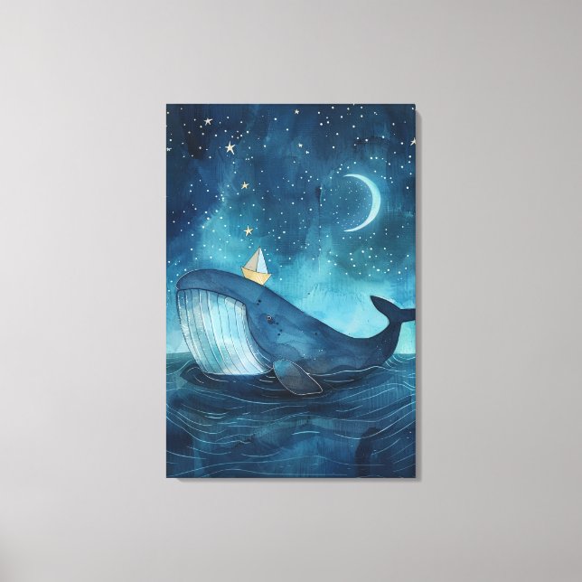 Whale Dreamscape Under Starry Night Canvas Print (Front)