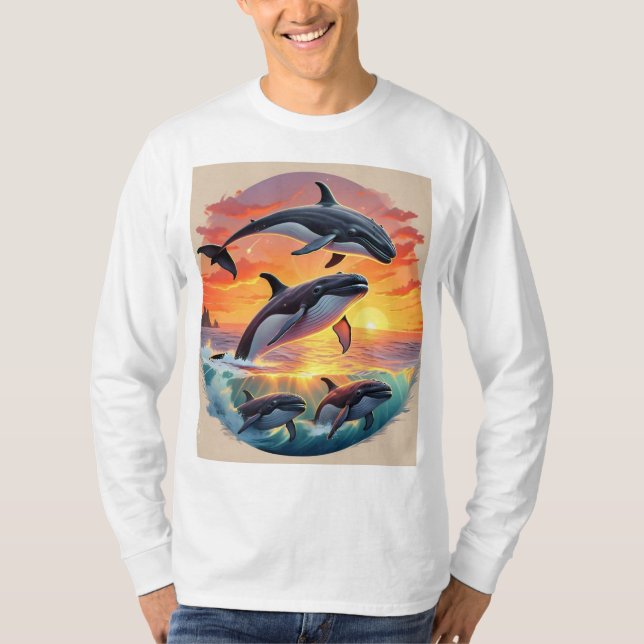 Whale Family Sunset Splash T-Shirt (Front)