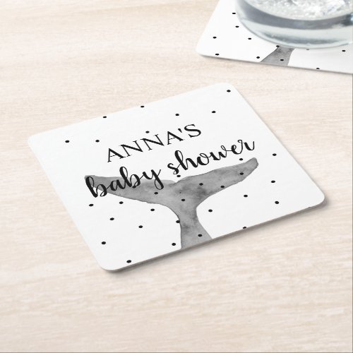 Whale Fluke Watercolor Elegant Baby Shower   Square Paper Coaster