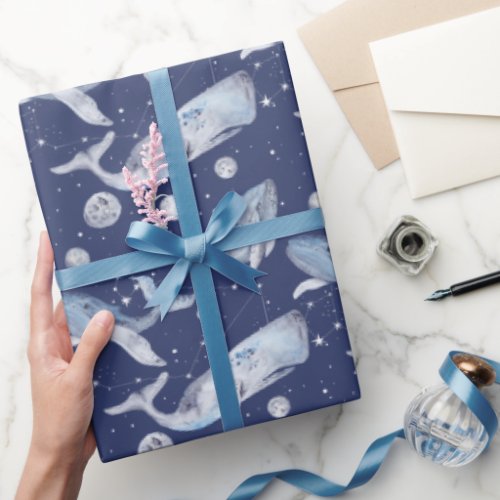 Whale Gift Wrapping Paper on White Celestial