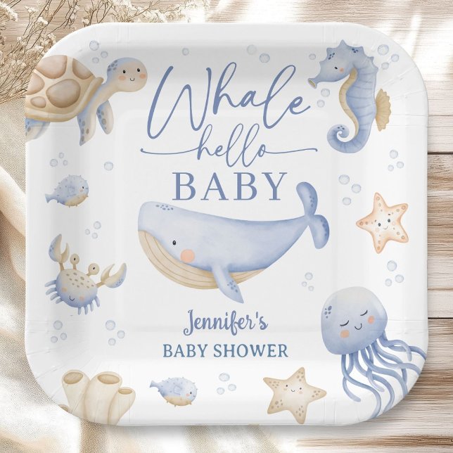 Whale Hello Baby Shower Boy Blue Ocean Paper Plates (Creator Uploaded)