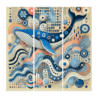 Whale in Abstract Circles - Triptych Artwork
