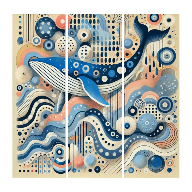 Whale in Abstract Circles - Triptych Artwork (Front)