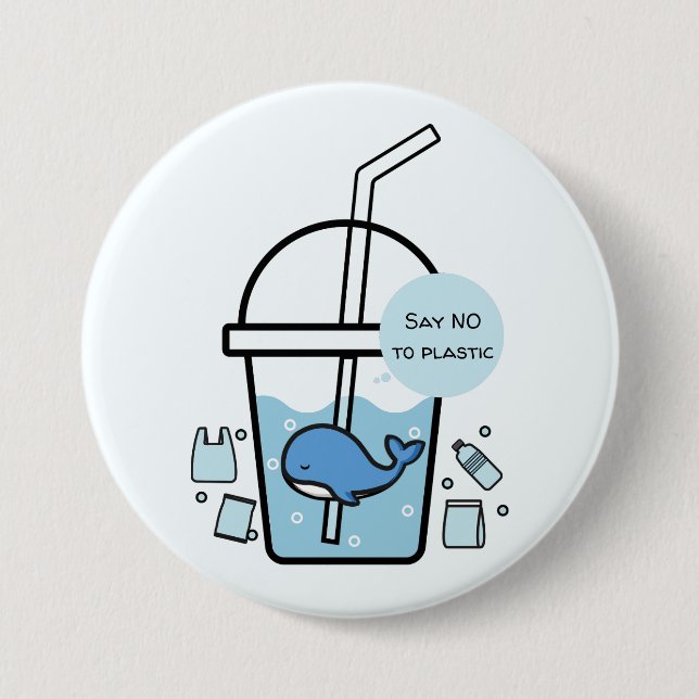 Whale in Cup, No to Plastic Earth Day Button (Front)