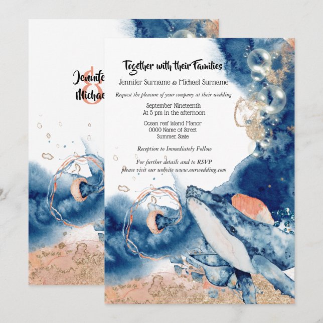 Whale jelly fish ocean mammals blue orange sea invitation (Front/Back)