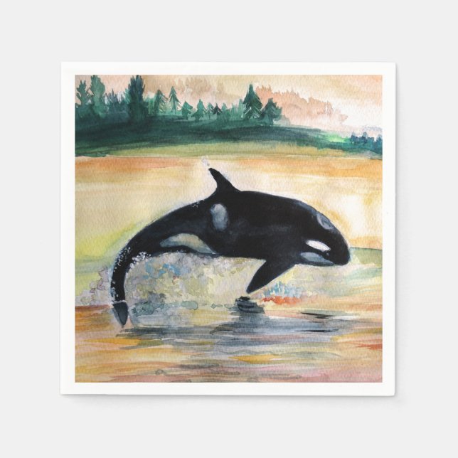 Whale Jumping Orca Standard Cocktail Paper Napkins (Front)