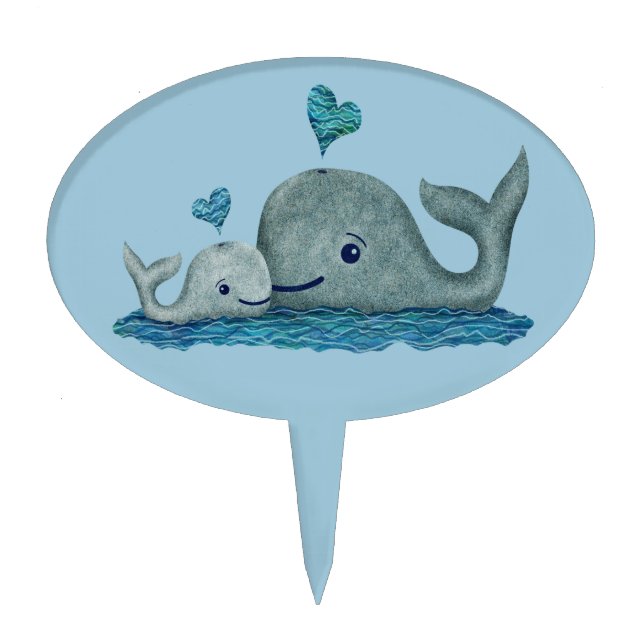 Whale Mom and Baby Swimming in the Sea Cake Topper (Front)