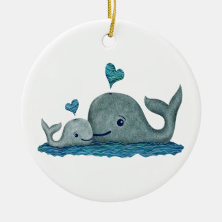 Whale Mom and Baby Swimming in the Sea Ceramic Ornament