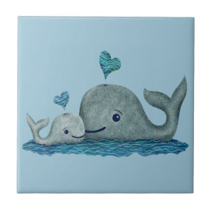 Whale Mom and Baby Swimming in the Sea Ceramic Tile