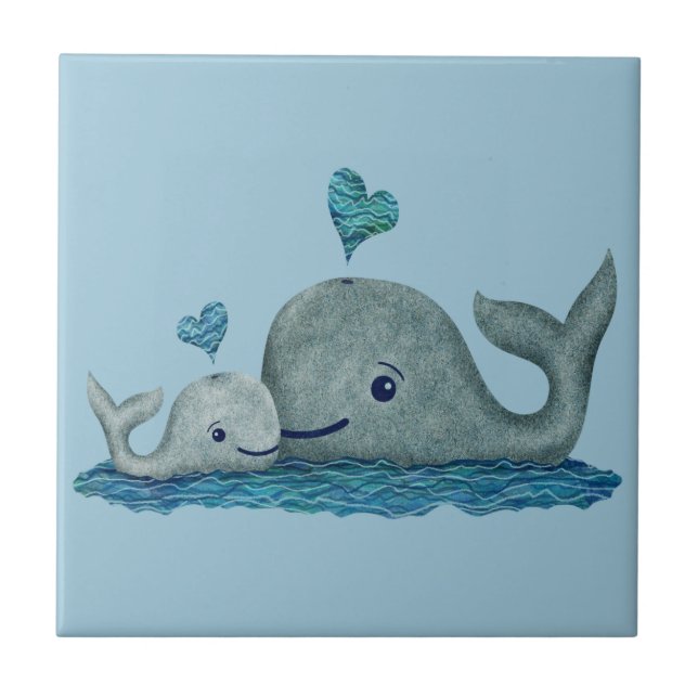 Whale Mom and Baby Swimming in the Sea Ceramic Tile (Front)