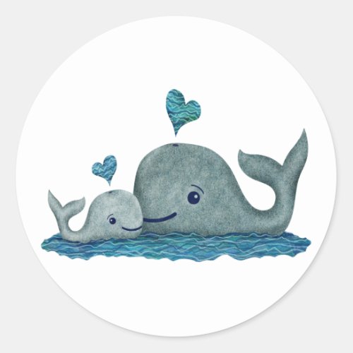 Whale Mom and Baby Swimming in the Sea Classic Round Sticker