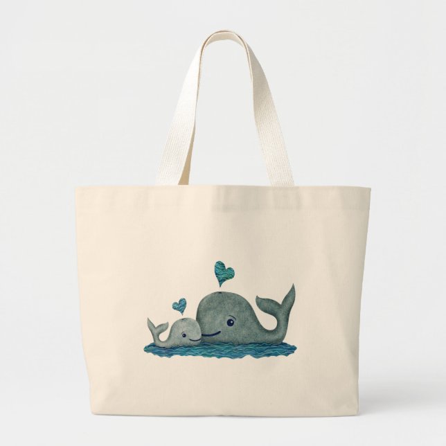 Whale Mom and Baby Swimming in the Sea Large Tote Bag (Front)