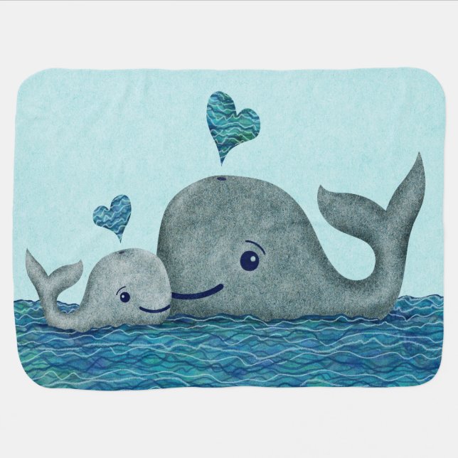 Whale Mom and Baby Swimming in the Sea Stroller Blanket (Horizontal)