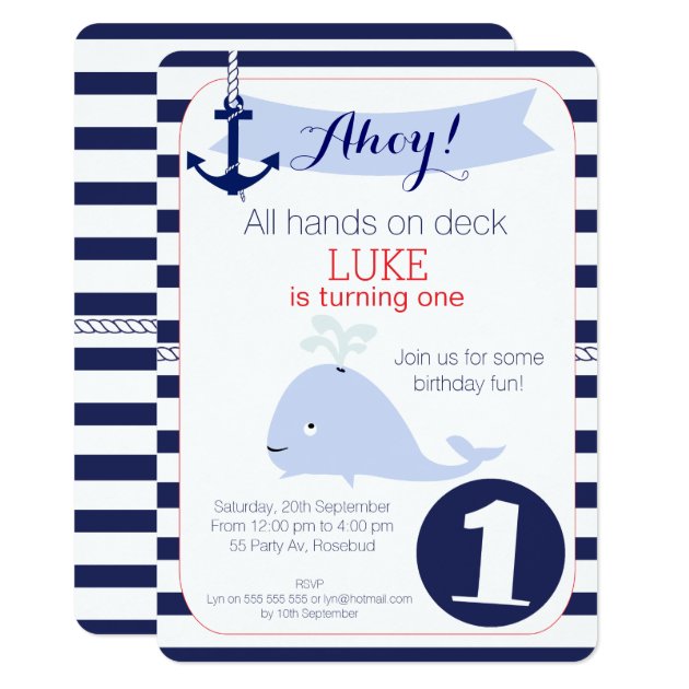 Whale Nautical 1st Birthday Invitation