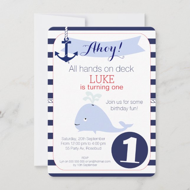 Whale Nautical 1st Birthday Invitation (Front)