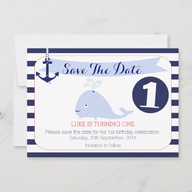 Whale Nautical 1st Birthday Save The Date Card