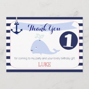 Whale Nautical 1st Birthday Thank You Flat Card