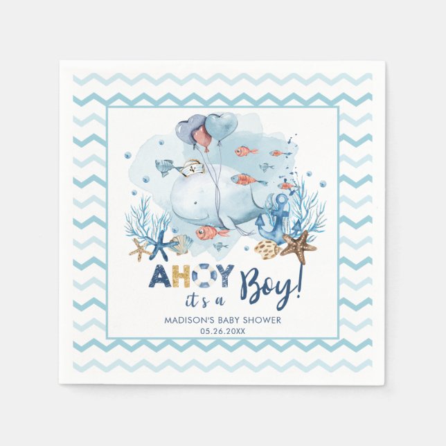 Whale Nautical Ahoy It's A Boy Baby Shower Blue  Napkins (Front)