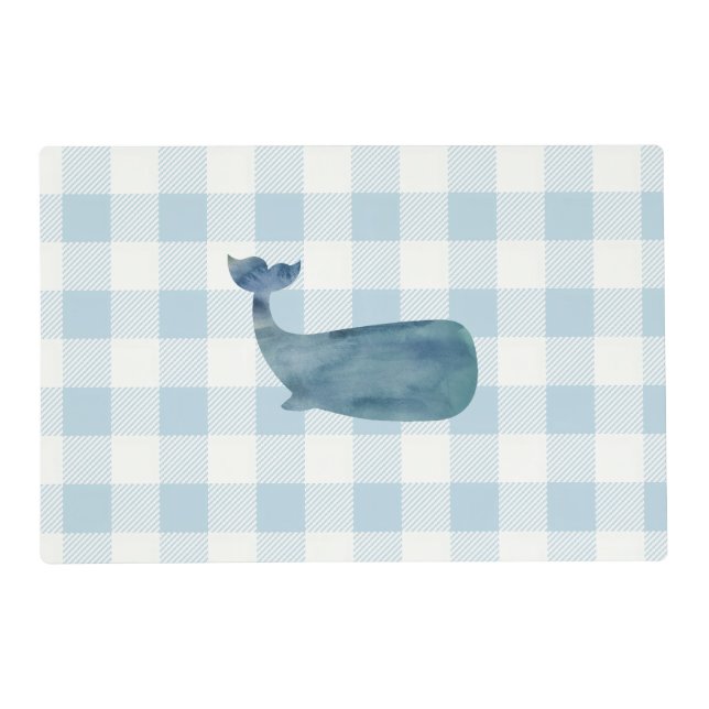 Whale Nautical Blue Gingham Check Preppy Coastal Placemat (Front)