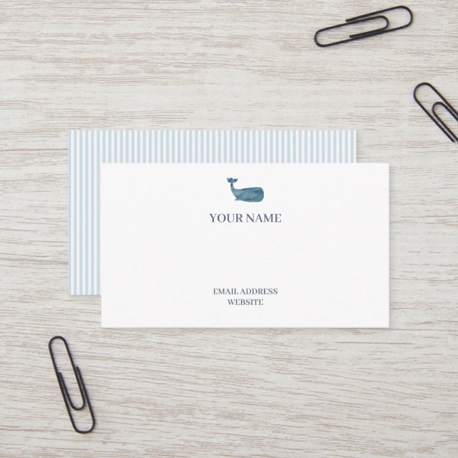 Whale Nautical Blue Stripe Business Card (Front/Back In Situ)