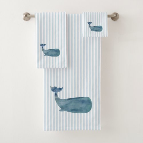 Whale Nautical Blue Stripe Painting Bath Towel Set
