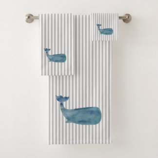 Whale Nautical Blue Stripe Painting Bath Towel Set